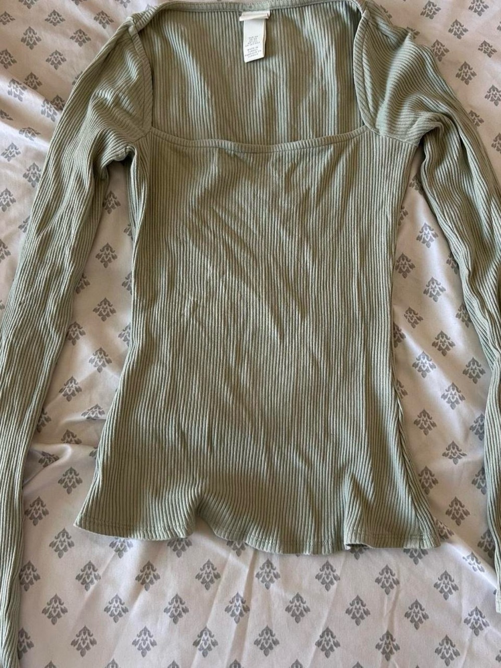H&M Ribbed Square-Neck Long Sleeve Top in Sage